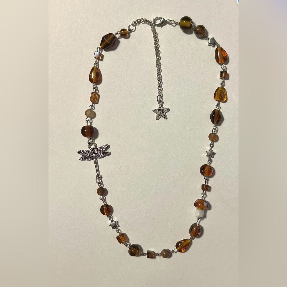 Handmade mushroom, dragonfly, star necklace
